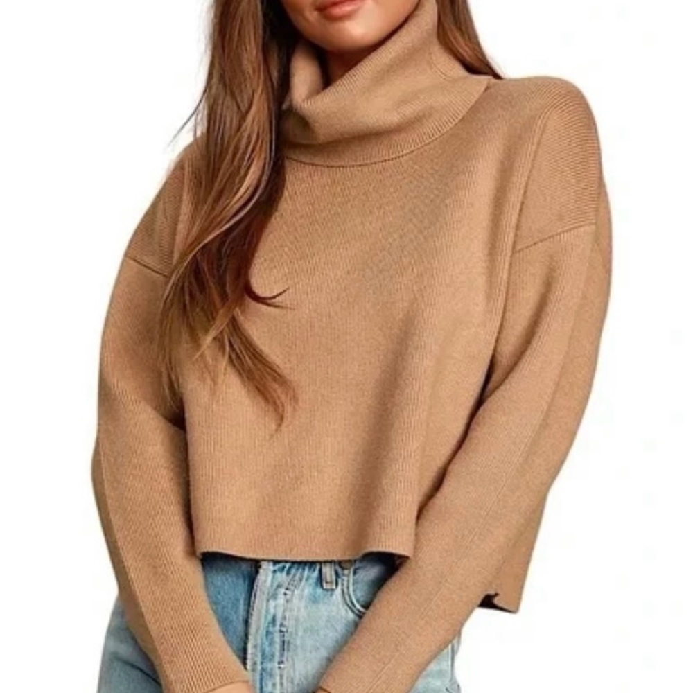 LULUS Lets Cuddle Tan Cowl Neck Sweater